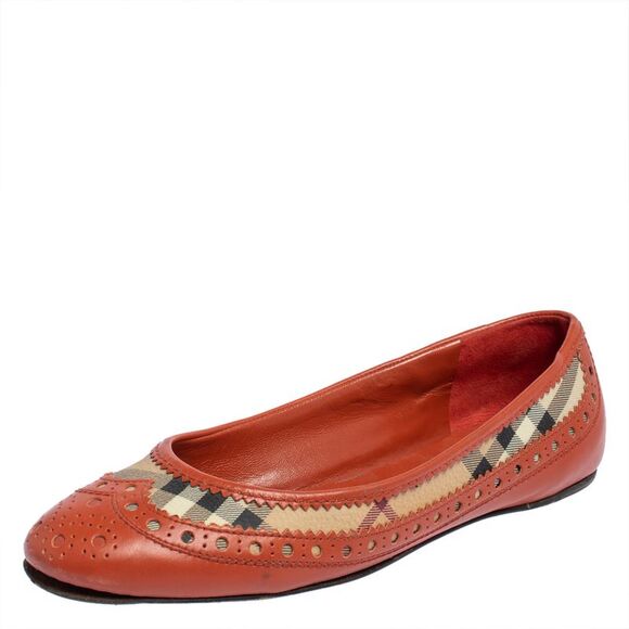Burberry Orange Brogue Leather And Haymarket Check Canvas Tudor Ballet Flats - Picture 1 of 4